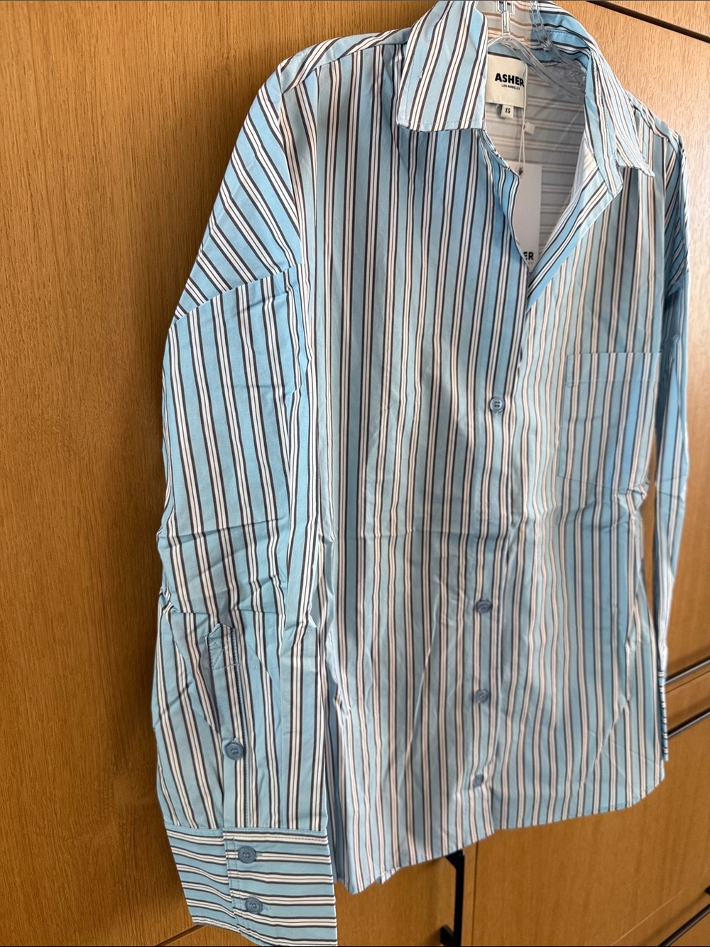 ASHER Karis Button Down striped shirt color brown/ blue color Size XSmall NWT - Picture 4 of 9